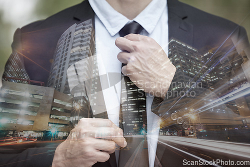 Image of Businessman, suit and tie with double exposure of city with hands, night or street with motion blur. Executive man, metro or buildings with dark holographic overlay for leader, manager or cityscape