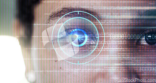 Image of Biometric, digital and cyber security with eye scan of woman for identity, verification or facial recognition. Technology, future and ai with laser scanner focus of girl for hologram, contact or data