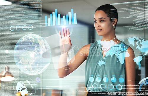 Image of Globe, finance and overlay with a business black woman using an ai or ux interface to access the metaverse of data. Digital, future and information with a female employee working on a 3d hologram