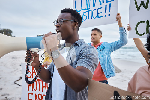 Image of Protest, climate change and megaphone with black man at the beach for environment, earth day and action. Global warming, community and pollution with activist for social justice, support and freedom