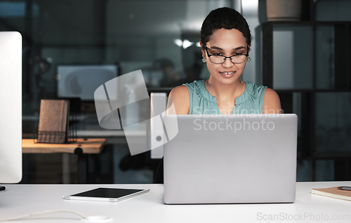 Image of Laptop, night and business woman reading finance portfolio feedback, stock market database or cloud computing. Forex investment budget, data analysis and African trader trading NFT, bitcoin or crypto