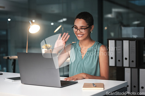 Image of Video call, laptop and black woman in business with virtual meeting, communication and technology. Wave hello, working night in office with webinar, connectivity and wifi, smile and online conference