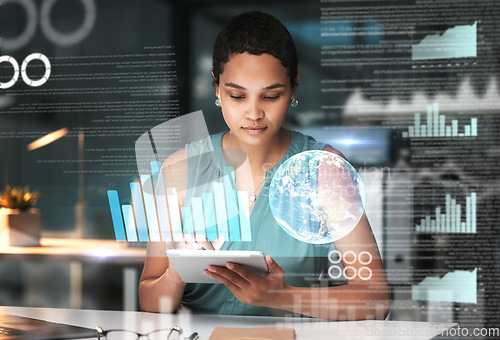 Image of Black woman with tablet, erp data hologram and innovation, research and programming in future information technology. Futuristic network, analytics and developer for startup business website software