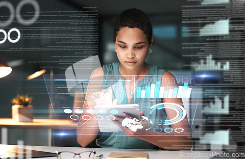 Image of Black woman with tablet, erp data overlay and innovation, research and programming in future information technology. Futuristic network, analytics and developer for startup business website software.