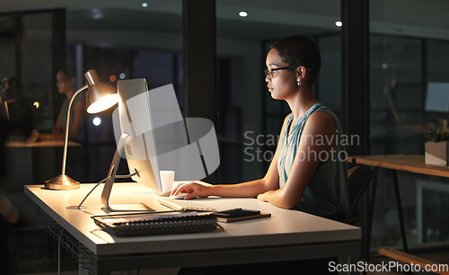 Image of Computer, night or black woman reading business portfolio, stock market database or review ecommerce feedback. Forex investment, finance data analysis or profile trader trading NFT, bitcoin or crypto