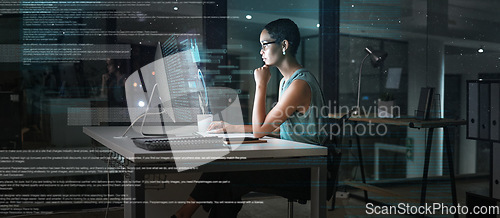 Image of Future computer hologram, thinking and woman review finance chart, stock market database or ui night overlay. Forex investment idea, hud data analysis and African trader trading NFT or bitcoin crypto
