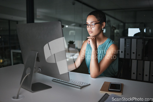 Image of Computer, thinking and night woman reading finance portfolio, stock market database or review ecommerce feedback. Forex investment idea, data analysis or African trader trading NFT, bitcoin or crypto