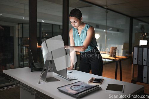 Image of Computer, overtime night or black woman reading finance portfolio, stock market database or review ecommerce feedback. Forex investment gesture, data analysis or trader trading NFT, bitcoin or crypto