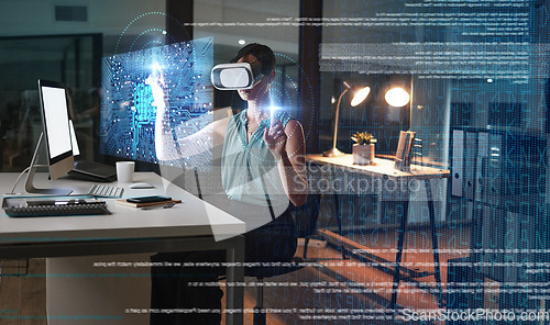 Image of Woman, hands and night with vr headset, hologram graphic or web design planning for global cybersecurity. Developer, augmented reality glasses or future cloud computing at office with holographic ui