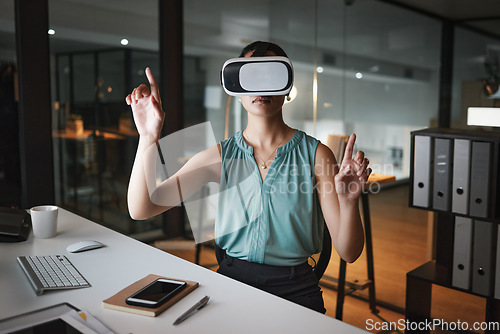 Image of Vr, metaverse and business woman in virtual reality exploring cyber world in office at night. Futuristic, technology and female employee with digital headset with ai software for 3d internet browsing