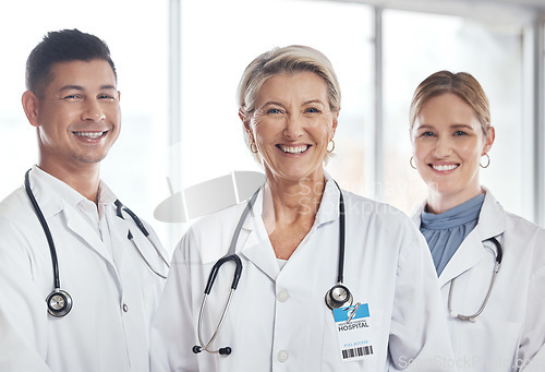 Image of Healthcare, teamwork and portrait of doctors smile in hospital for wellness, medical care and support. Collaboration, diversity and happy health workers for insurance, trust and medicine in clinic