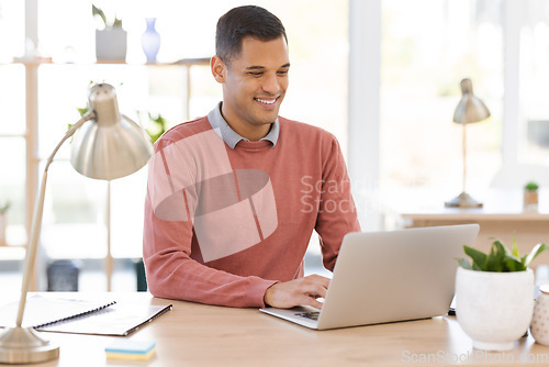 Image of Laptop, office and happy man planning for company startup website design, digital review or editing proposal report. Computer network, email management and worker, person or manager at typing at desk