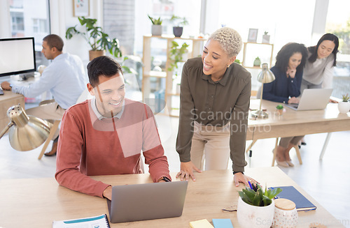 Image of Research, black woman or happy manager coaching a man in startup or group project in a digital agency. Leadership, laptop or employee helping, talking or speaking of our vision or branding direction