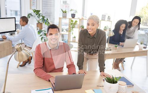 Image of Leadership, portrait or manager coaching a worker in startup or group project together in a digital agency. Faces, laptop or happy black woman helping, working or speaking of our vision or branding