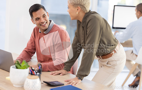 Image of Leadership, success or happy manager coaching a worker in startup or project in a digital agency. Team, laptop or black woman helping, talking or speaking of our vision or branding direction