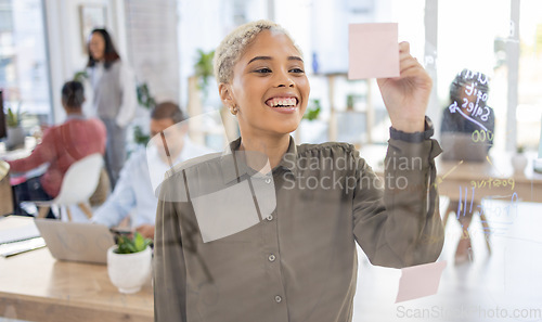 Image of Agenda, planning and business woman writing, creative and schedule on sticky note in office. Small business, startup and black female on idea, vision or career goal, development or marketing mission