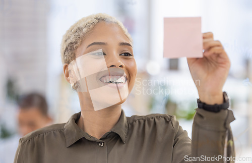 Image of Writing, planning and happy black woman in office for schedule, agenda and management with sticky note. Smile, face and female leader with idea for marketing, advertising or career goal or mission