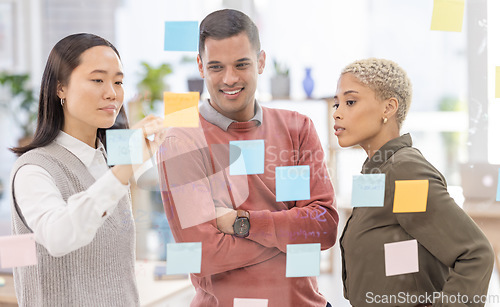 Image of Creative business people, schedule and team planning in strategy or brainstorming on glass wall at office. Group in teamwork for project plan, tasks and post it for sticky note or startup together