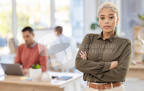 Image of Black woman in business, leadership and mission in portrait with career mindset, job goals and target in workplace. Vision, boss and mockup with corporate worker, confident and arms crossed in office