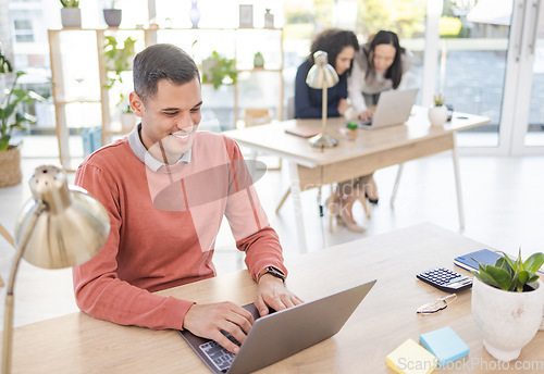 Image of Laptop, planning and man at office for startup company ideas, digital design or editing business proposal. Computer workflow, email management and worker, person or project manager typing at his desk