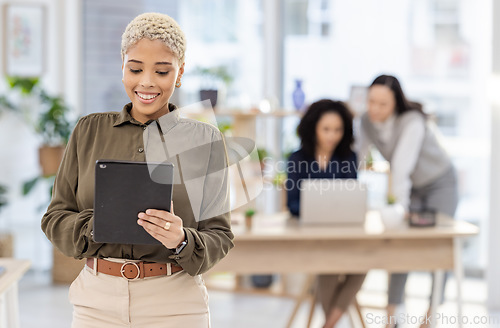 Image of Planning, tablet and black woman with online research, business social media strategy and startup company management. Happy manager, worker or person working on digital technology in office workflow