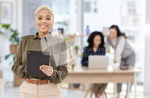 Image of Tablet, office portrait and black woman with online research, business leadership and startup company management. Happy manager, worker or person working in Human Resources for employees workflow