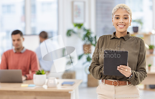 Image of Office portrait, black woman and tablet for online research, business leadership and startup company management. Happy manager, worker or person with goals for Human Resources and employees workflow