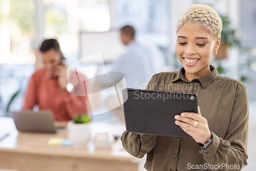 Image of Black woman, office planning and tablet for online research, business strategy and startup company target goals. Manager, worker or person on digital technology for employees workflow or schedule app