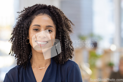 Image of Black woman in business, portrait and leadership, success with career mindset, job pride in New York office. Startup, mission and mockup with corporate worker, happy face and empowerment in workplace