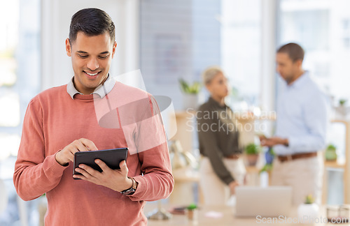 Image of Business man working on tablet for office management, online market research and startup company leadership. Professional manager, employees or person typing on digital technology for career workflow