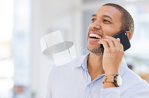 Image of Phone call, communication and black man in office networking, startup success and online news. Happy professional manager, worker or boss talking on smartphone for career opportunity or contact us