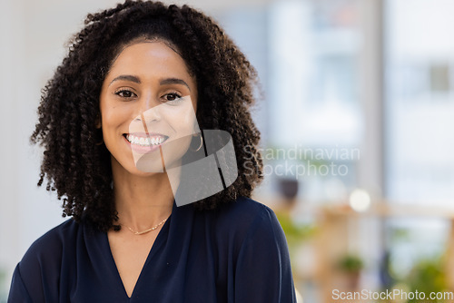 Image of Black woman in business, face and success in portrait with career mindset, job goals and leadership in workplace. Vision, mission and mockup with corporate worker, happy and work in New York office