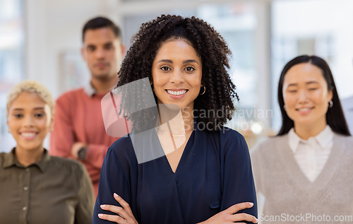 Image of Happy, smile and portrait of business people in office for support, community and diversity. Collaboration, success and management with group of employee for solidarity, confident and teamwork