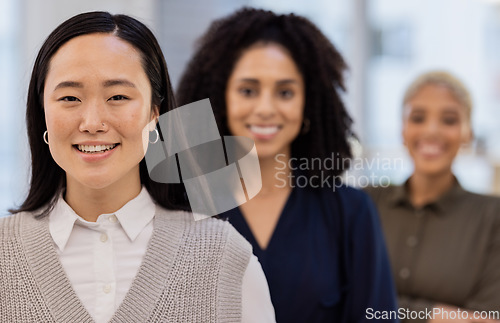 Image of Asian woman, portrait smile and diversity in leadership, teamwork or vision at the office. Diverse group of happy employee women smiling for career goals, values or proud team at the workplace