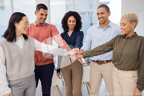 Image of Team work, hands or happy business people in meeting planning together in a group project for motivation. Diversity, mission or employees in collaboration for our vision, strategy plan or goals