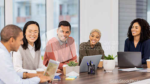 Image of Digital marketing, team work or happy business people in meeting planning a group or startup project. Laptop, mission or employees in collaboration for our vision, sales strategy or ecommerce goals