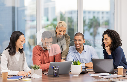 Image of Digital marketing, laptop or happy business people in meeting planning a group or startup project. Manager, helping or employees in collaboration for our vision, SEO sales strategy or ecommerce goals