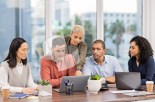 Image of Digital marketing, laptop or business people in meeting planning a group or startup project. Manager, helping or employees in collaboration for our vision, sales strategy mission or ecommerce goals