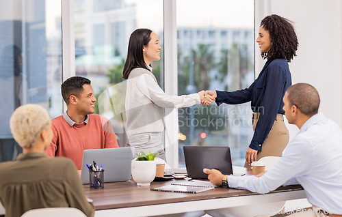 Image of B2b, black woman or manager shaking hands in meeting or startup project partnership or business deal. Teamwork, handshake or happy Asian worker talking or speaking of our vision or hiring agreement