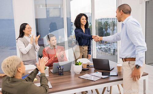 Image of B2b success, black woman or man shaking hands in meeting or startup project partnership or business deal. Handshake or happy worker talking or speaking of sales goals, feedback or hiring agreement