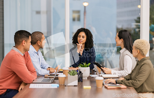 Image of Content marketing, thinking or business people in meeting planning a creative digital startup project. Group, brainstorming or workers in collaboration for a vision, b2b sales strategy or team goals