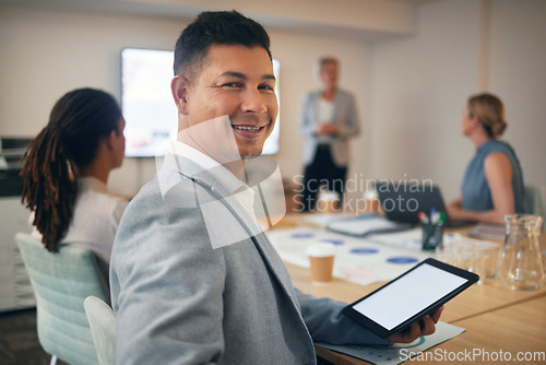 Image of Businessman portrait, tablet or screen in meeting, office boardroom or training conference for target goals and strategy. Smile of happy worker on technology mockup for corporate teamwork or workshop