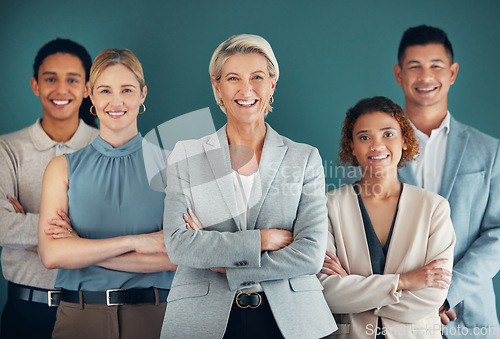 Image of Business people, collaboration and corporate group in portrait, team leader and happiness, lawyers on studio background. Happy, success and working together at law firm with teamwork and diversity