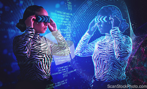 Image of Woman, metaverse and virtual reality glasses simulator with overlay for digital transformation. Person with vr headset for ar hologram for cyber and 3d world with mirror reflection and futuristic ai