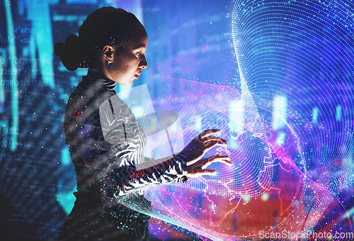 Image of Woman, metaverse and global network with hologram, futuristic and security with connection, digital and software. Holographic, world or future with web design, cyber or 3d with virtual reality or ai