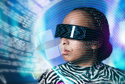 Image of Serious black woman, metaverse or virtual reality glasses with overlay for digital transformation. Face with vr tech for hologram for cyber or 3d world for big data, information technology and coding