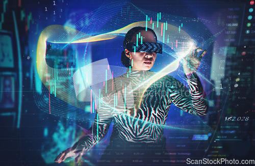 Image of Metaverse, virtual reality glasses and woman with overlay for stock market digital transformation. Vr headset girl ar hologram with cyber 3d world for big data, future tech and trading infographics