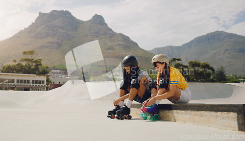 Image of Rollerskate, mockup and view with friends at a skatepark together for sports, fun or recreation. Skating, mountain or fitness with a man and woman bonding while getting ready for training outdoor