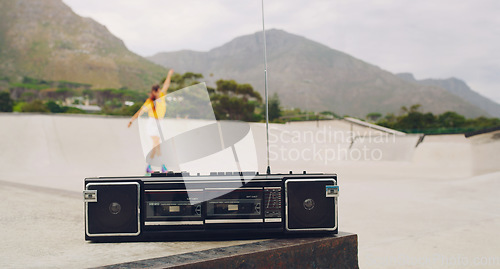 Image of Music, park and woman rollerskating while dancing for fitness, training and learning in Norway. Freedom, practice and girl skating for exercise with a radio for motivation, fun and skate cardio