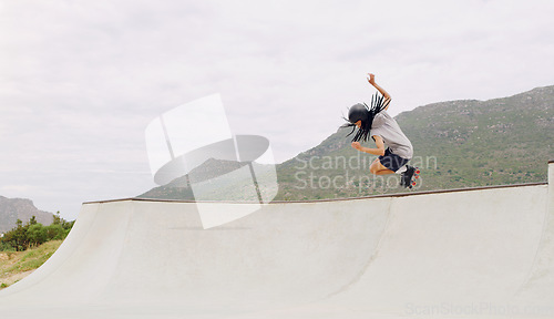Image of Sports, roller skates and jump with black man in skate park for fitness, exercise and skating hobby mockup. Summer, wellness and action with skater in outdoors for training, cardio and stunt